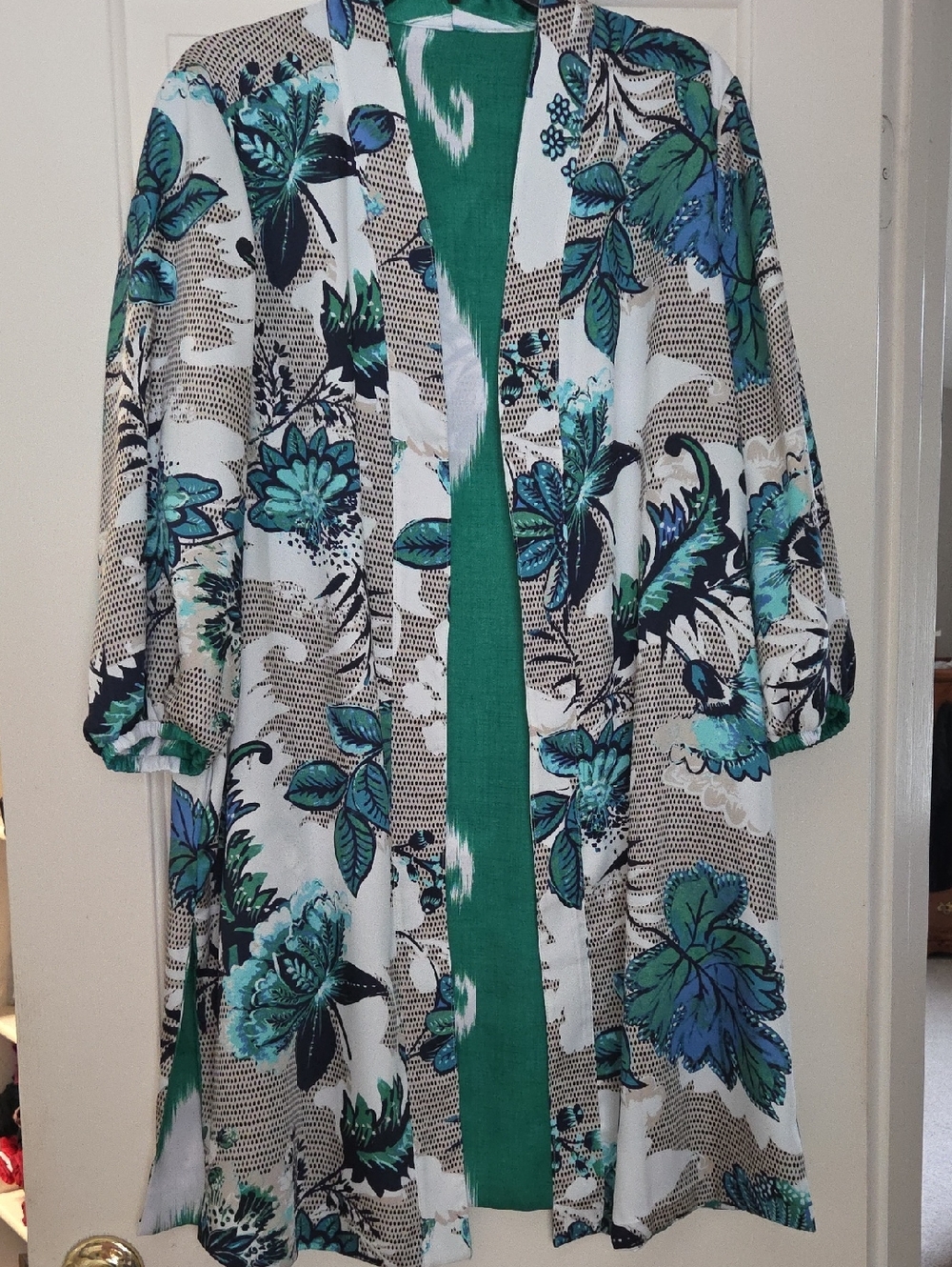 Chicos Reversible Floral Kimono Style Jacket Green & Teal
